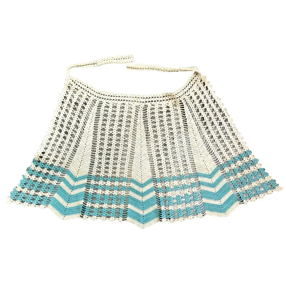 Vintage 1960s Hand Crochet Half Apron S White Teal Chevron Stripe Hostess Retro